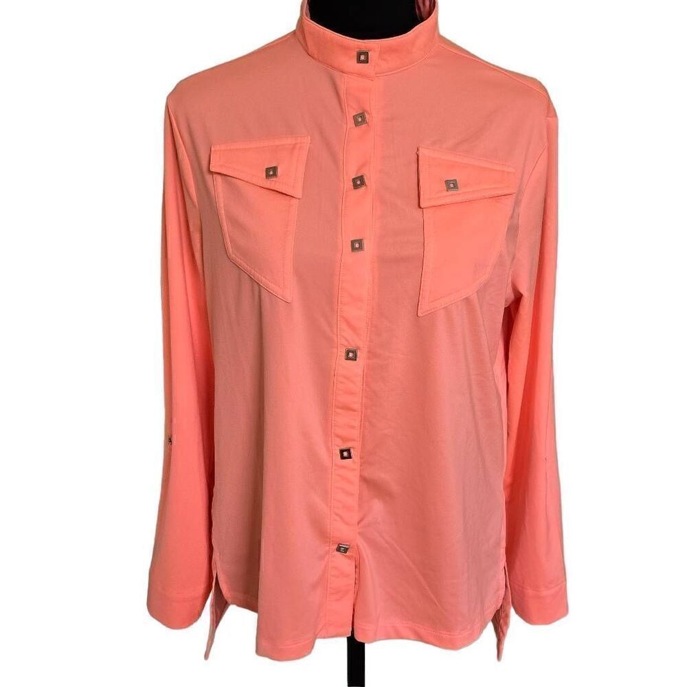 Jamie Sadock Womens Snap Front Long Sleeve Roll Tab Coral Blouse Small
